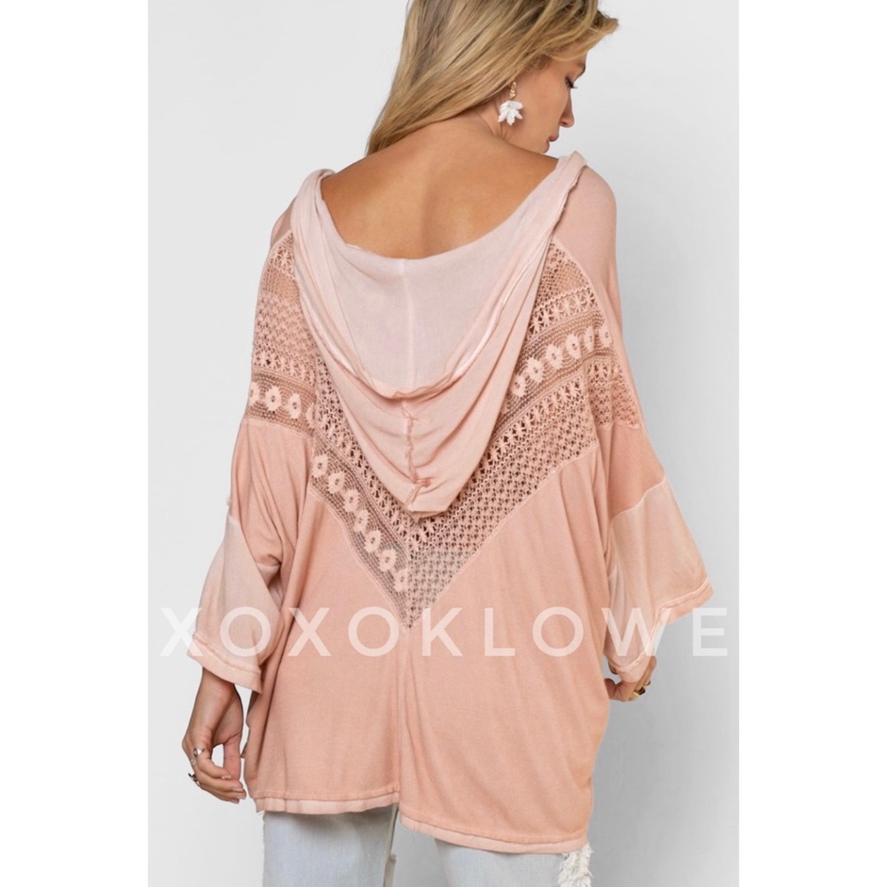 POL Washed Pink Rayon & Lace Oversized Hoodie Top - Picture 8 of 10